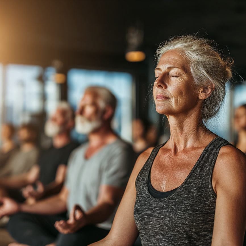 Пожилые люди занимаются йогой