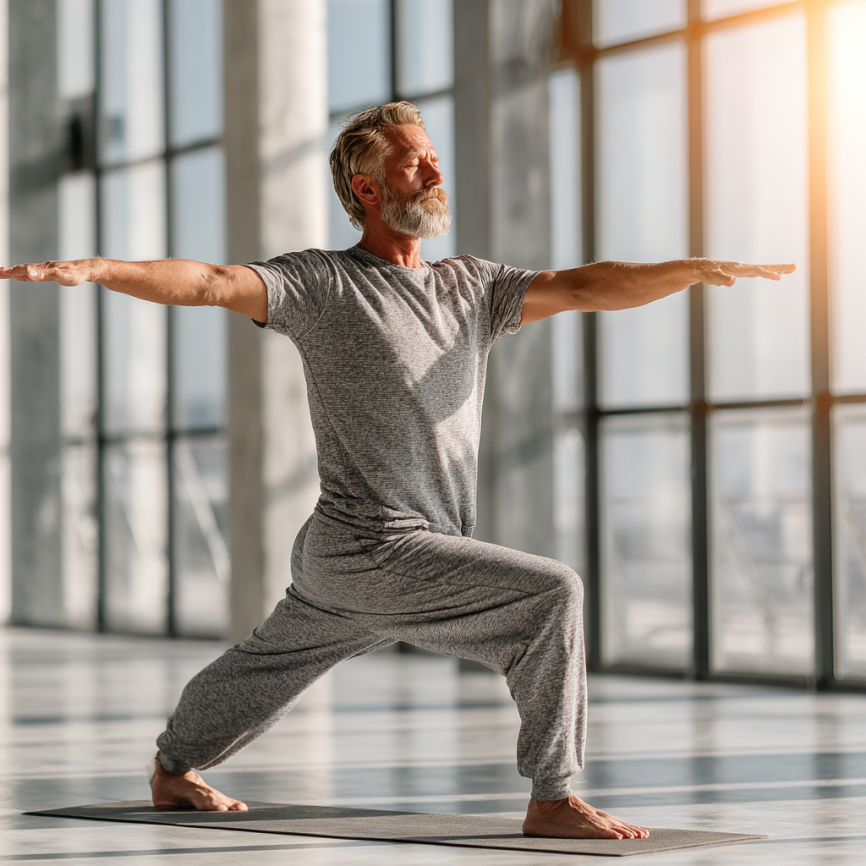 Пожилые люди занимаются йогой